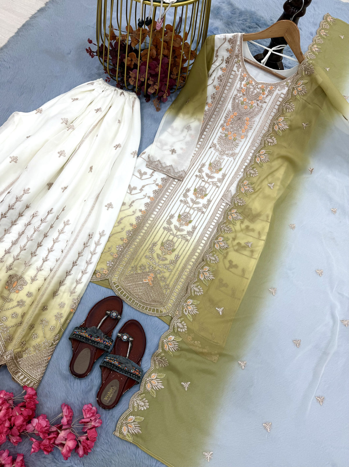Off-White and Lime Green Embroidered Georgette Tiered Palazzo Set, view 5