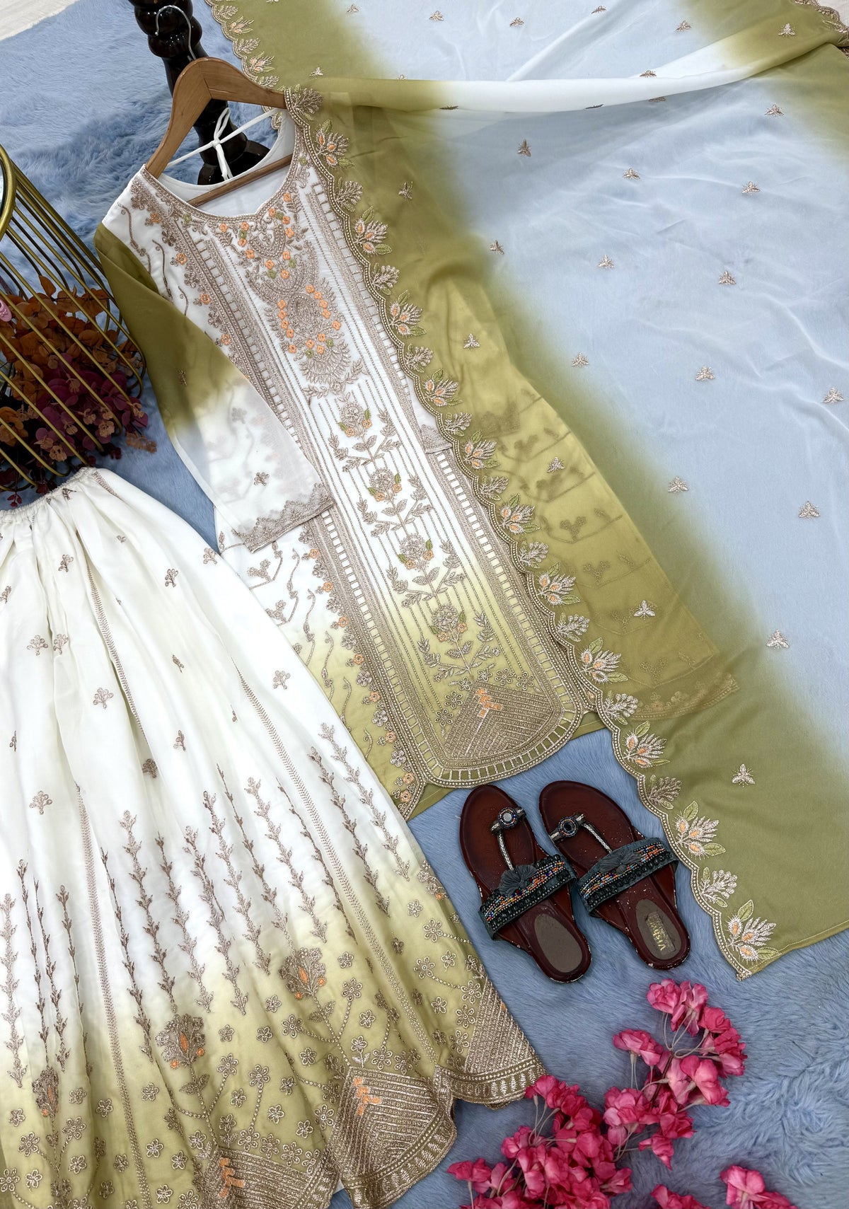 Off-White and Lime Green Embroidered Georgette Tiered Palazzo Set, view 6