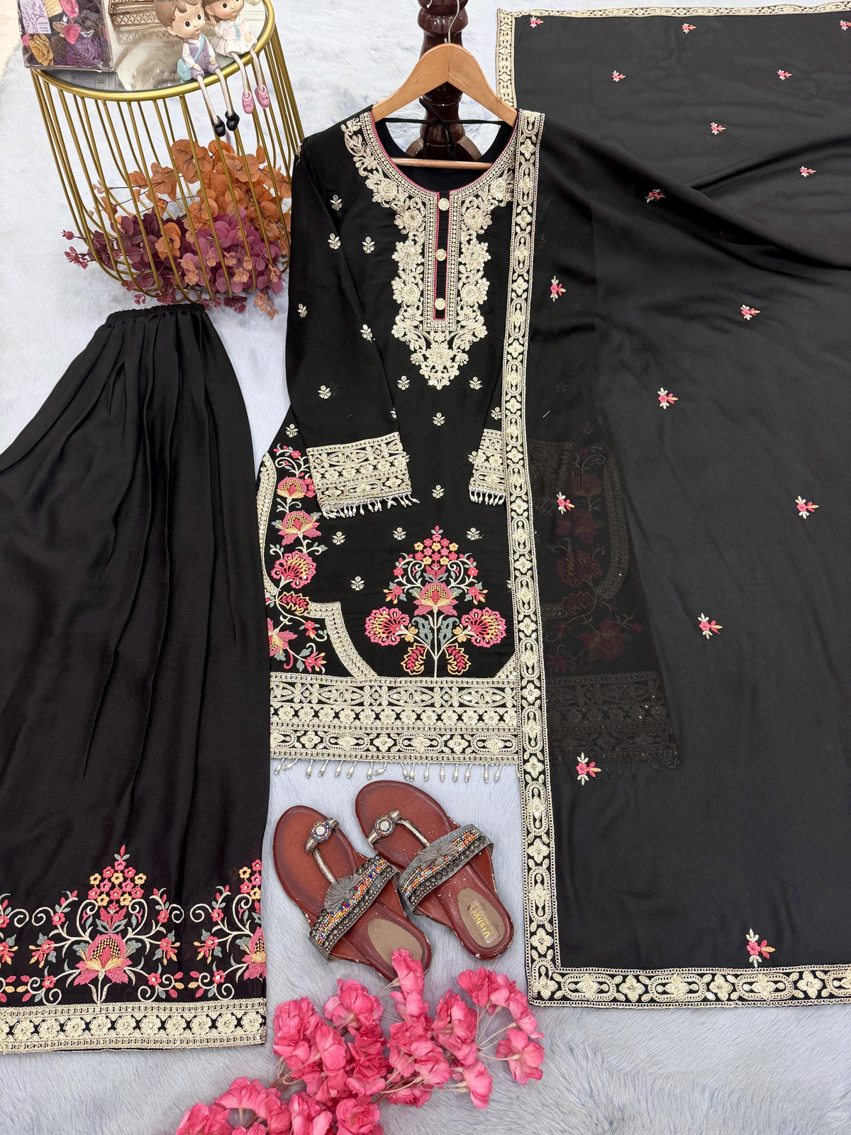 Black Georgette Kurta Palazzo Set with Coding-Dori Work, view 5