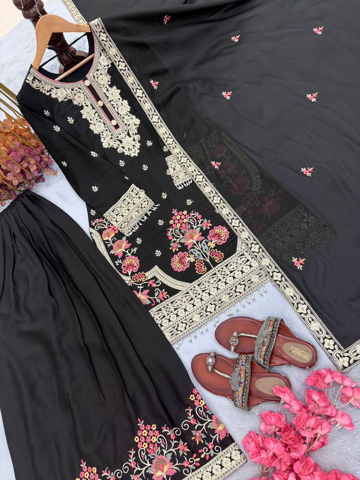Black Georgette Kurta Palazzo Set with Coding-Dori Work, view 6