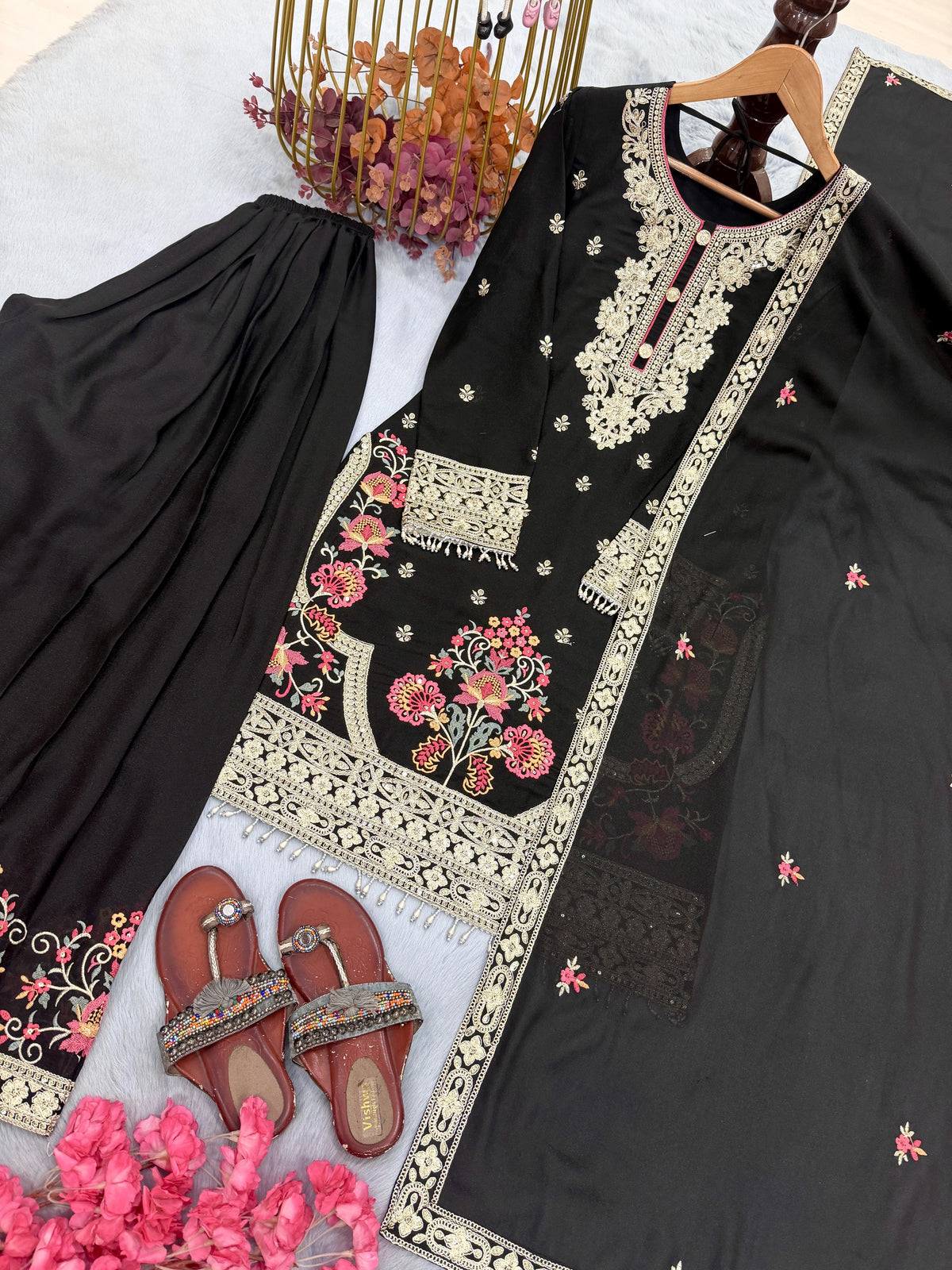 Black Georgette Kurta Palazzo Set with Coding-Dori Work, view 7