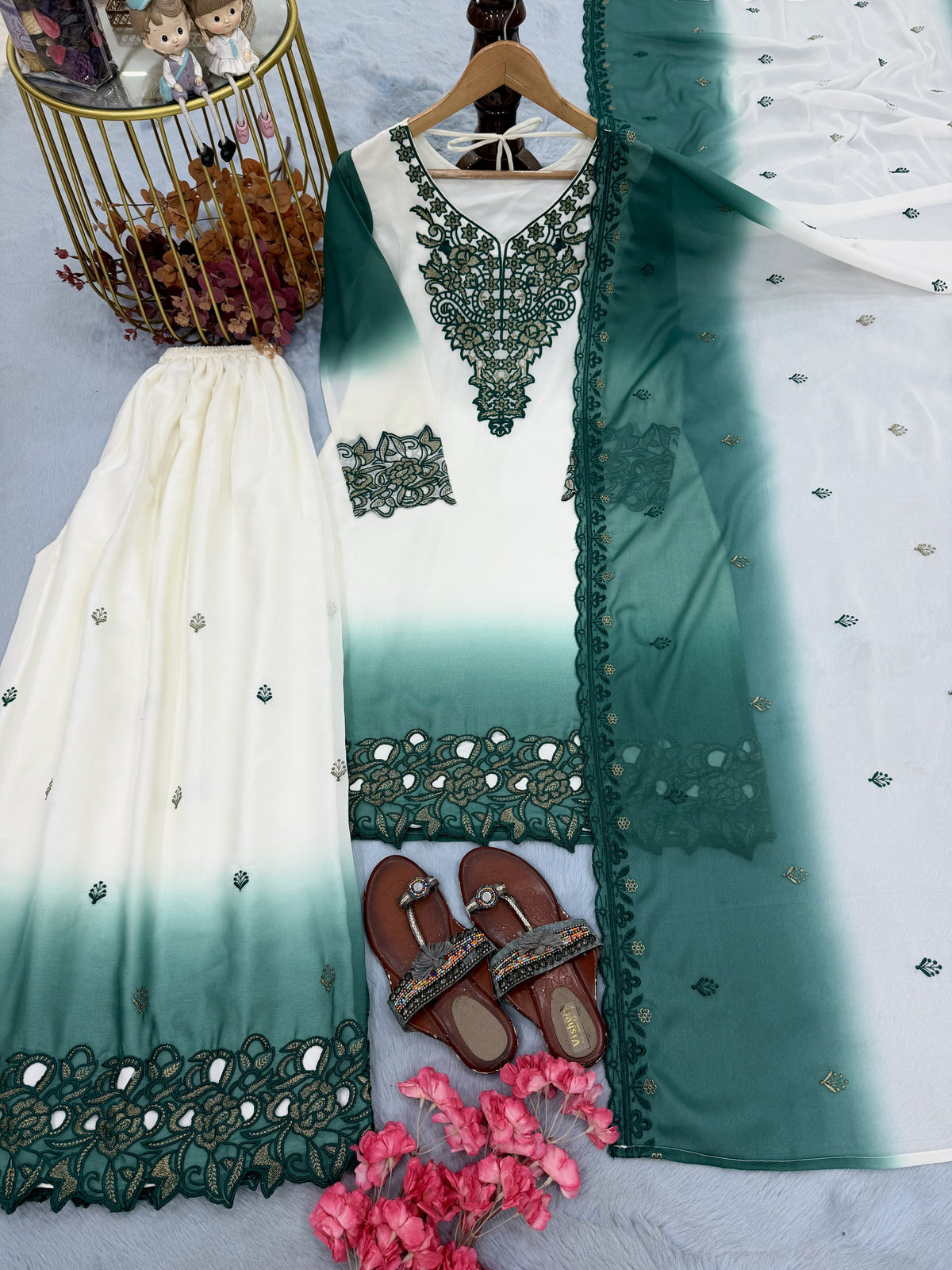 Off-White and Teal Cutwork Georgette Palazzo Set, view 3