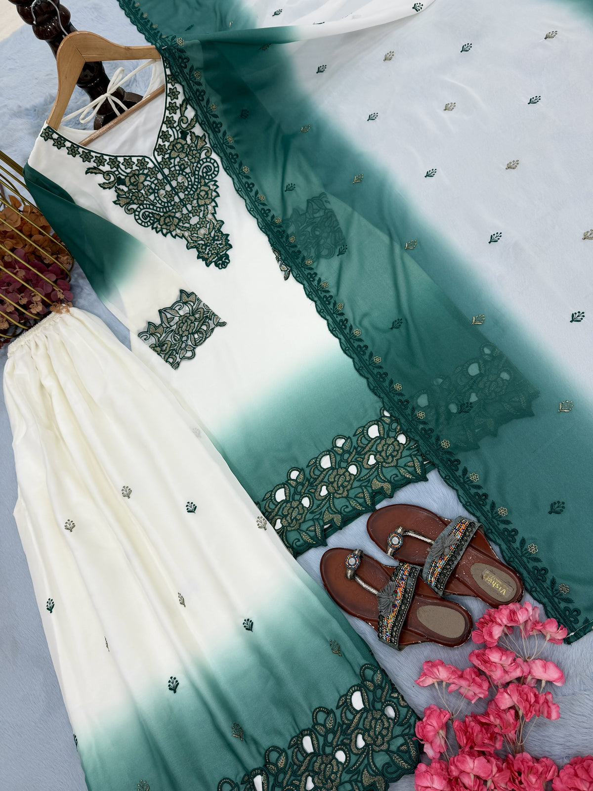 Off-White and Teal Cutwork Georgette Palazzo Set, view 4