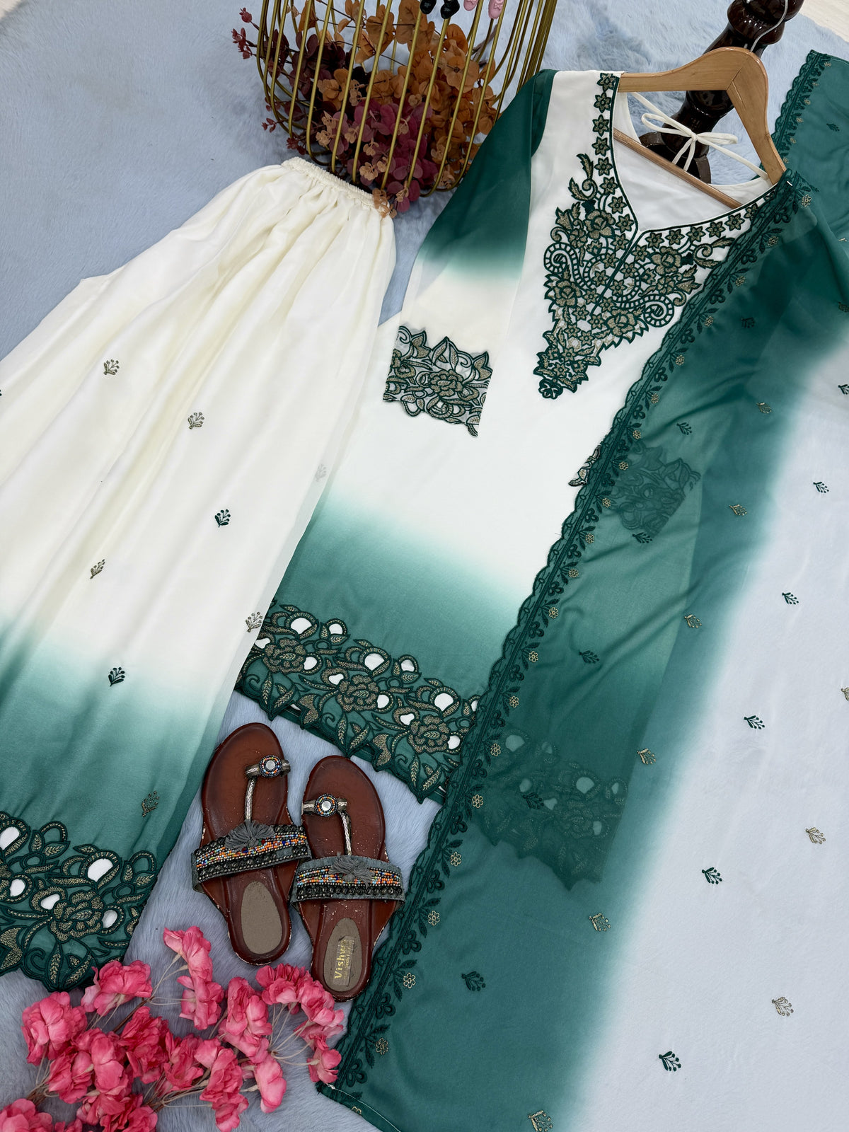 Off-White and Teal Cutwork Georgette Palazzo Set, view 5