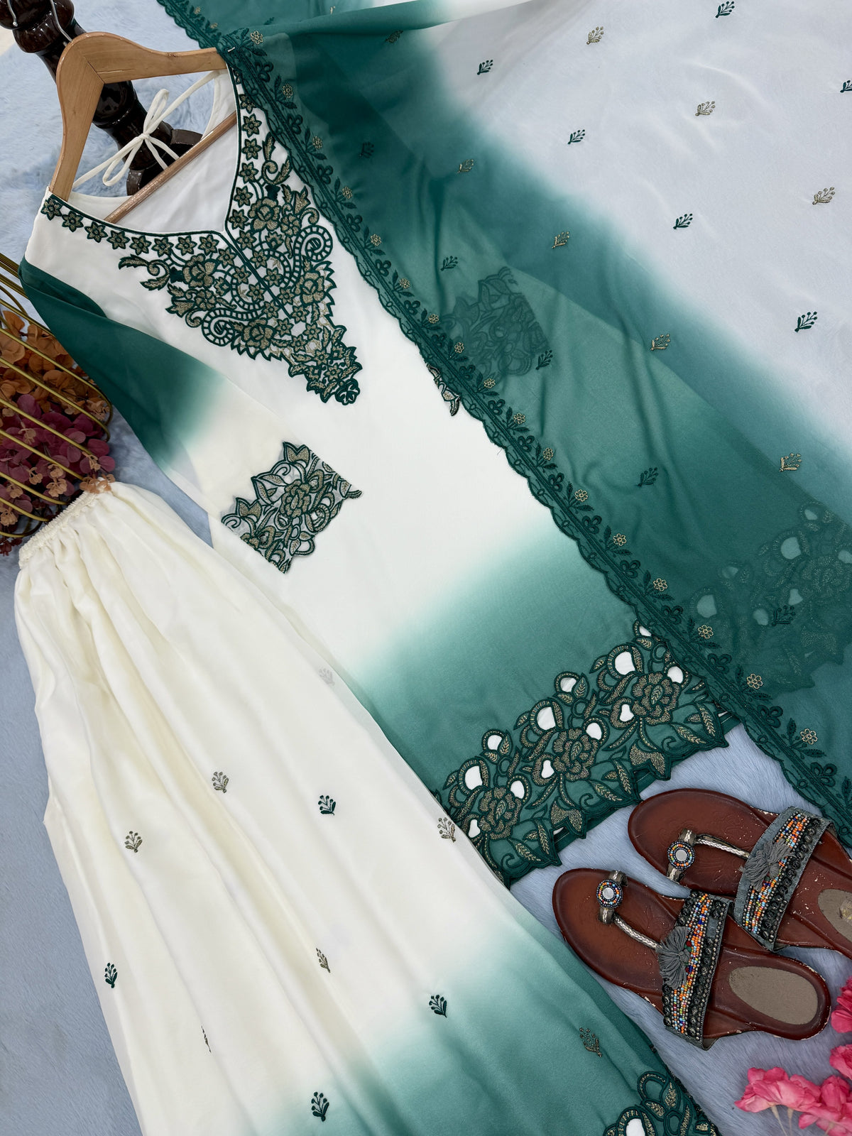 Off-White and Teal Cutwork Georgette Palazzo Set, view 6