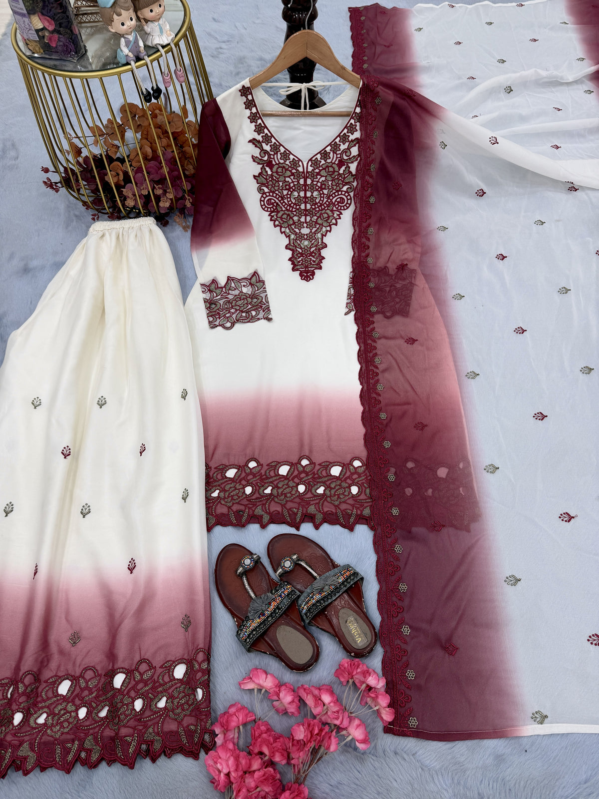 Off-White and Maroon Cutwork Georgette Palazzo Set, view 3