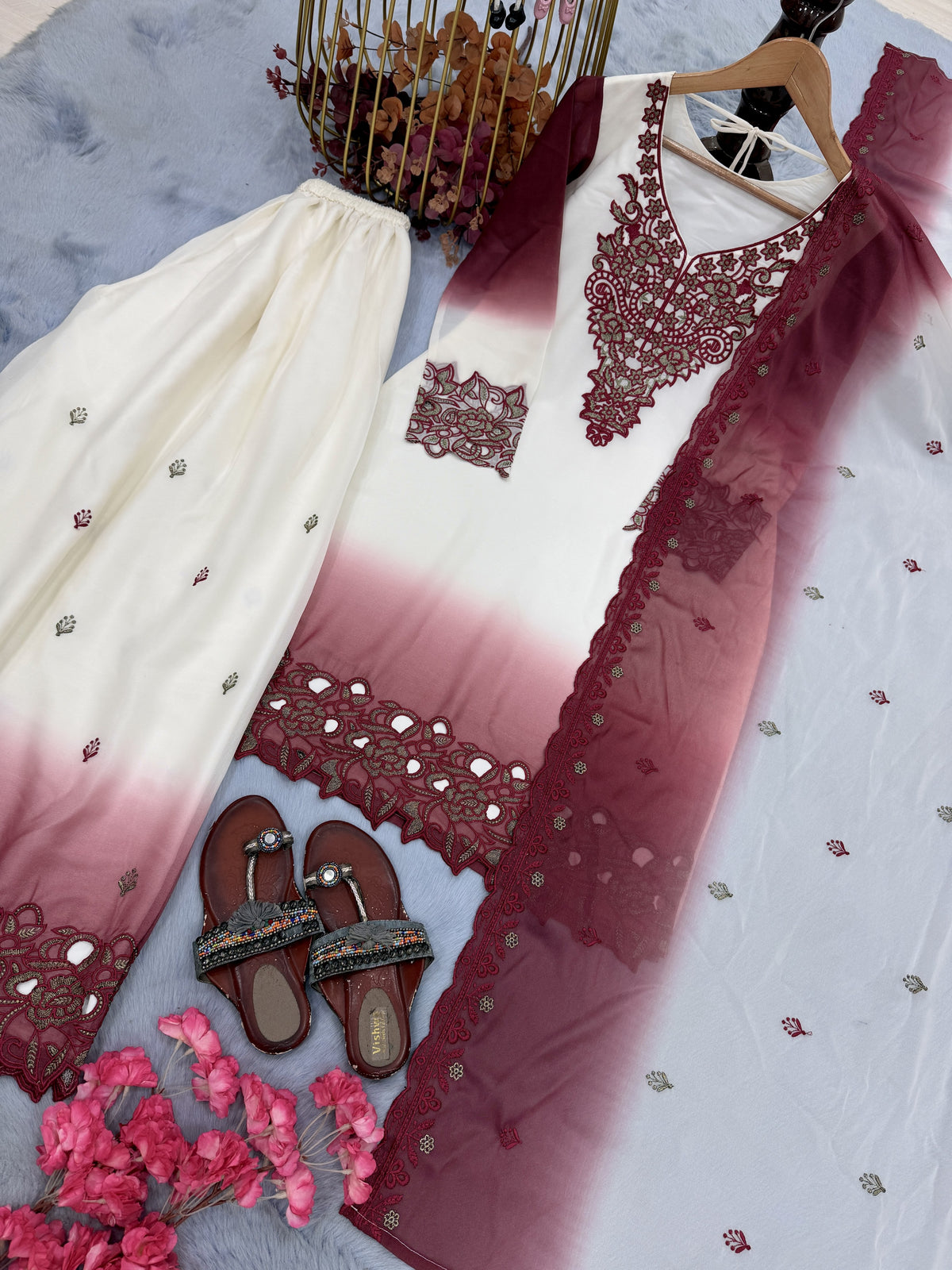 Off-White and Maroon Cutwork Georgette Palazzo Set, view 4