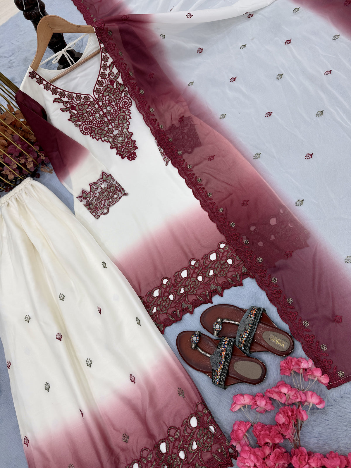 Off-White and Maroon Cutwork Georgette Palazzo Set, view 5