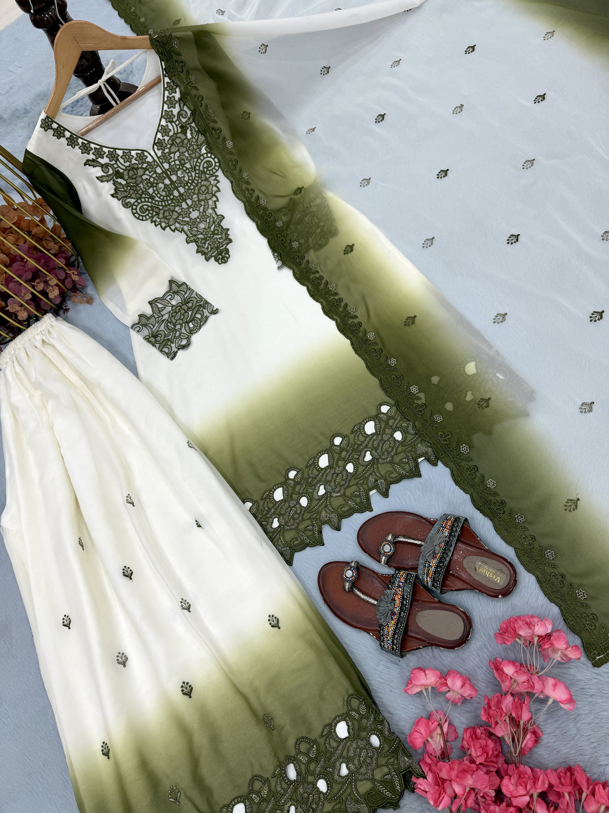Off-White and Olive Cutwork Georgette Palazzo Set, view 4