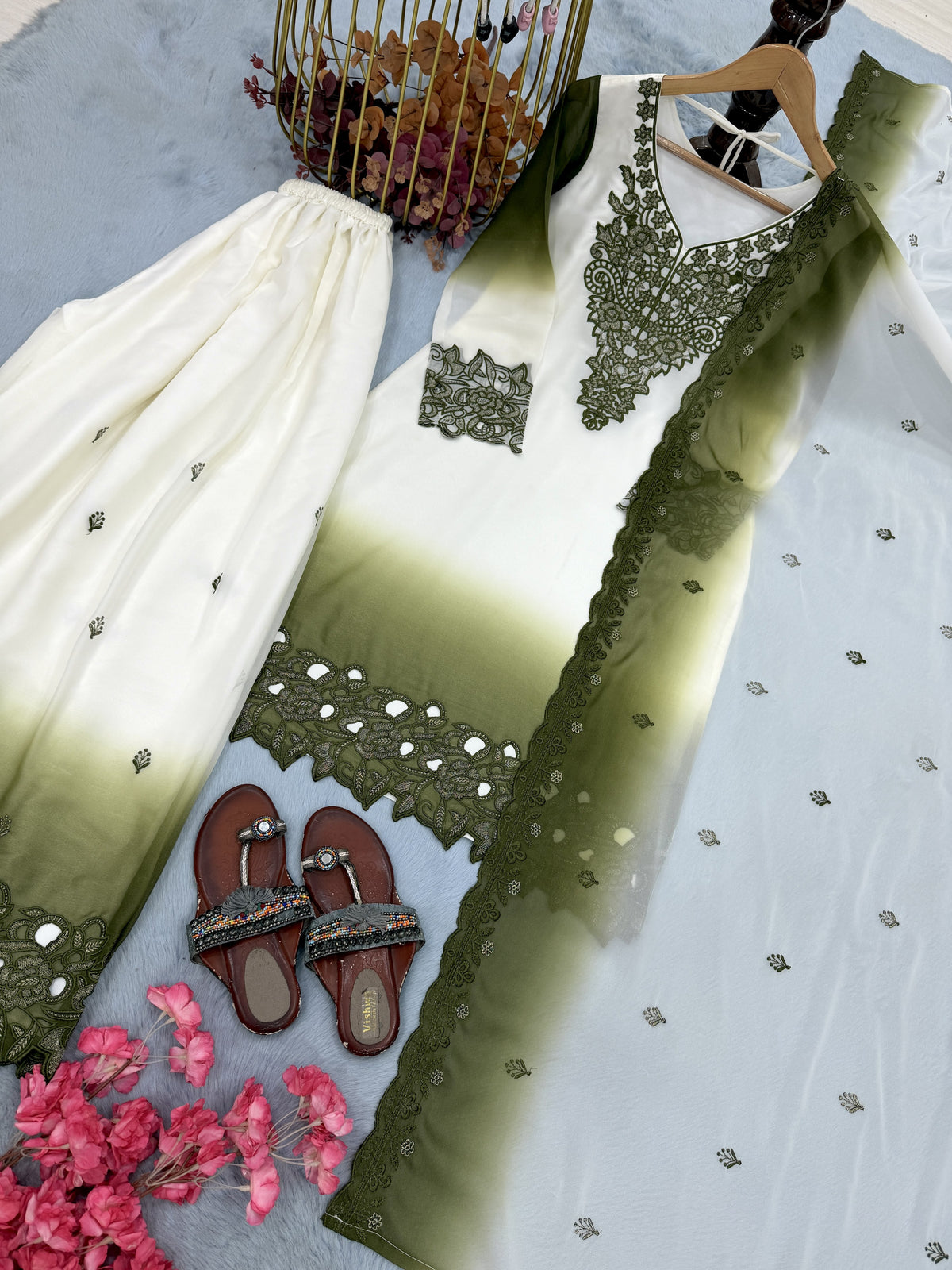 Off-White and Olive Cutwork Georgette Palazzo Set, view 5