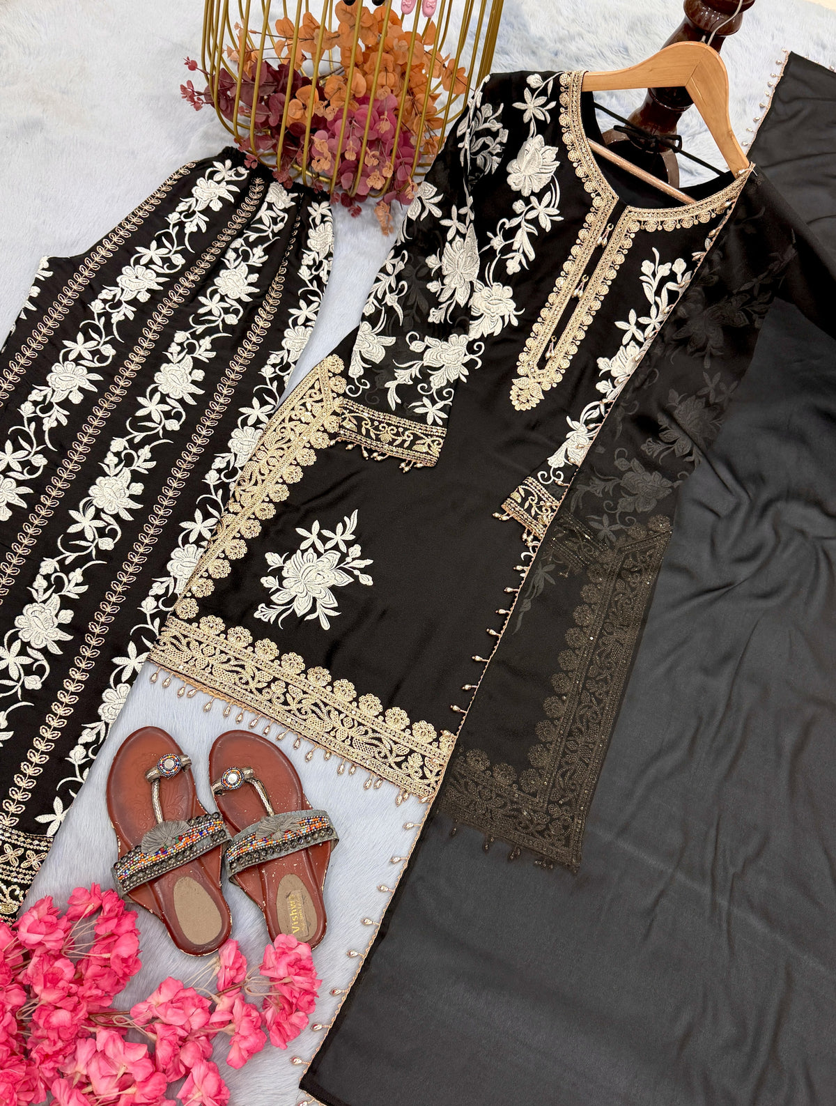Black Georgette Heavy Embroidered Kurta Palazzo Set, view 5