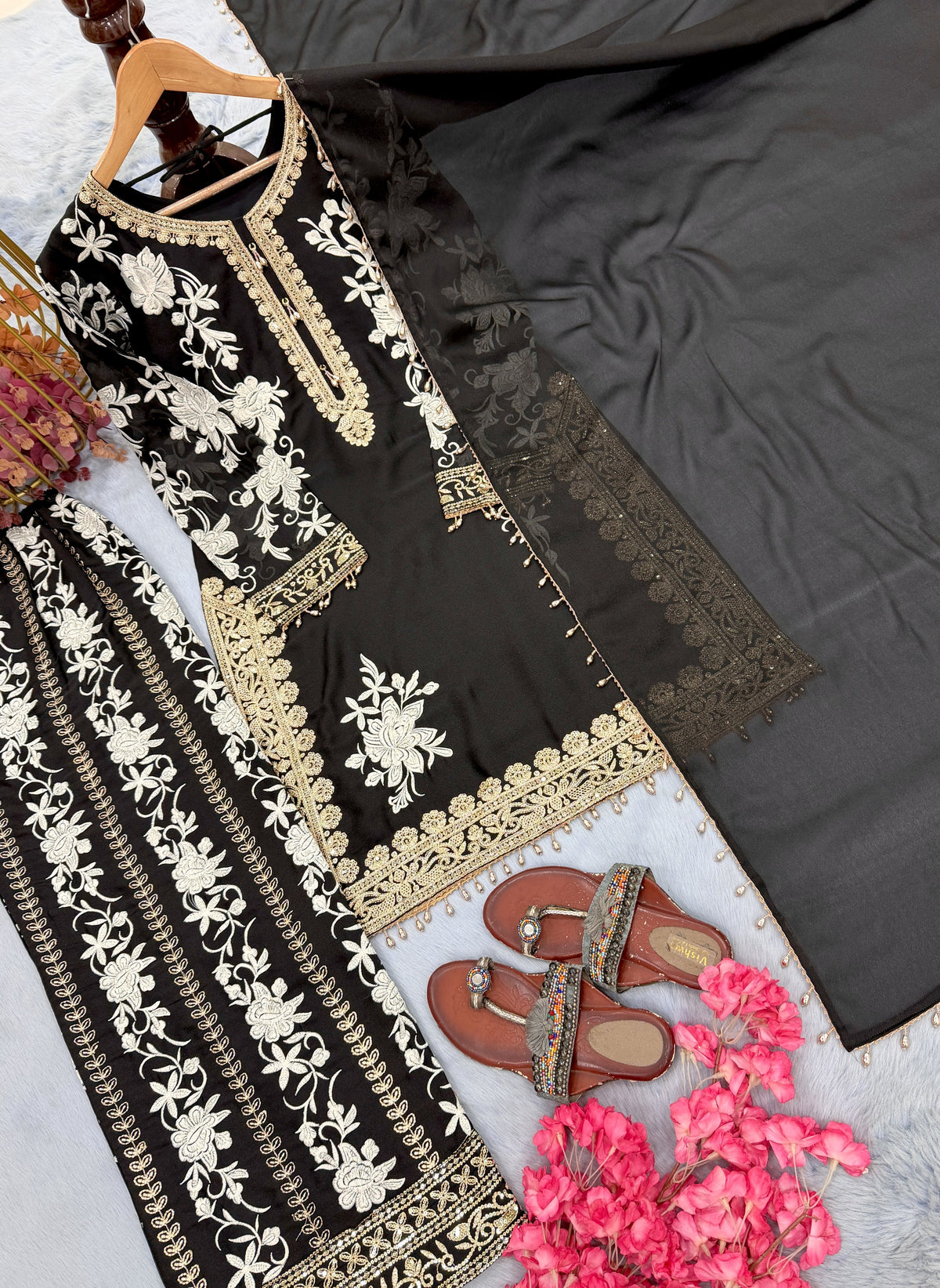Black Georgette Heavy Embroidered Kurta Palazzo Set, view 6