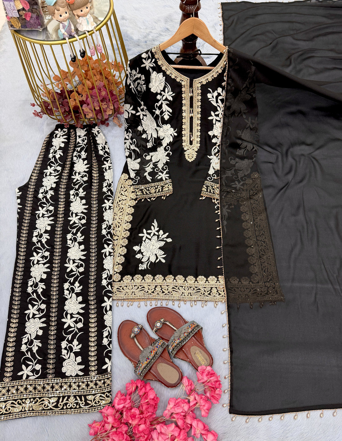 Black Georgette Heavy Embroidered Kurta Palazzo Set, view 7