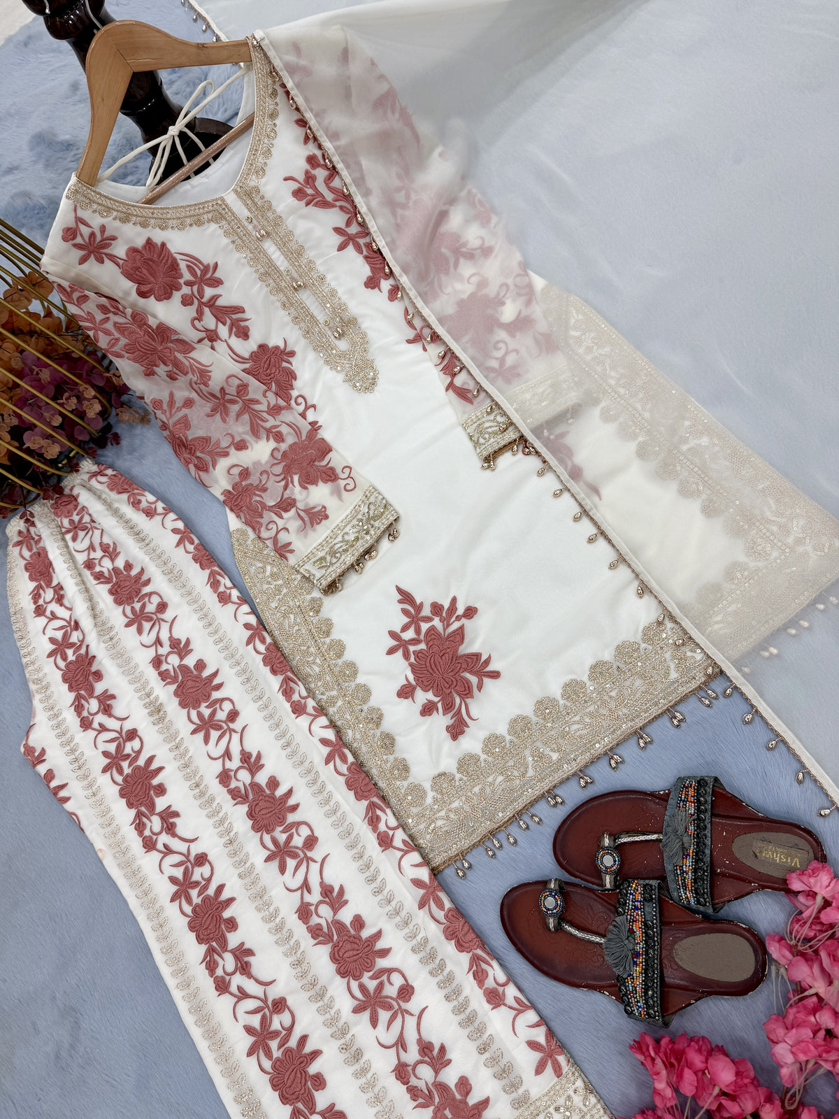Off-White and Pink Georgette Heavy Embroidered Kurta Palazzo Set, view 5