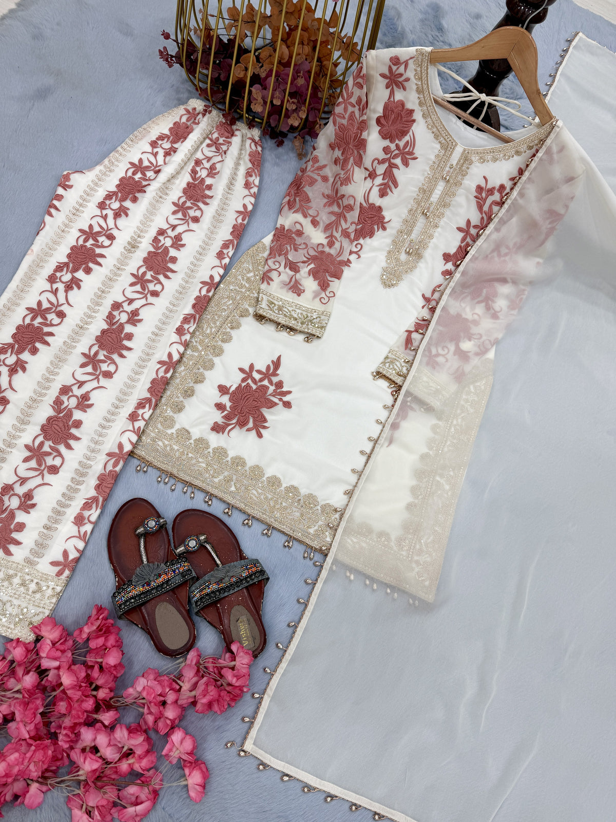 Off-White and Pink Georgette Heavy Embroidered Kurta Palazzo Set, view 6