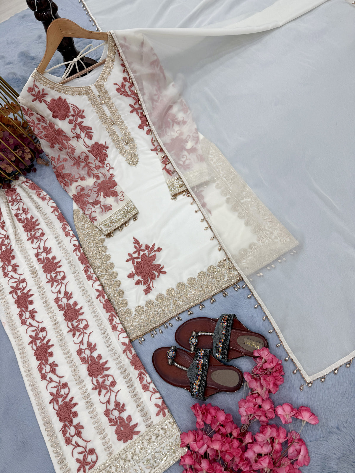 Off-White and Pink Georgette Heavy Embroidered Kurta Palazzo Set, view 7