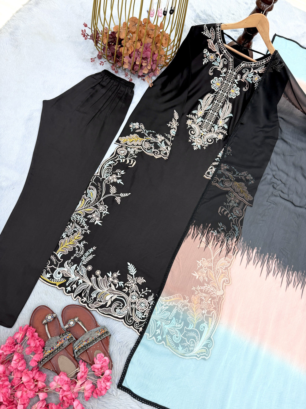Black Satin Kaftan Kurta Set with Shaded Dupatta, view 7