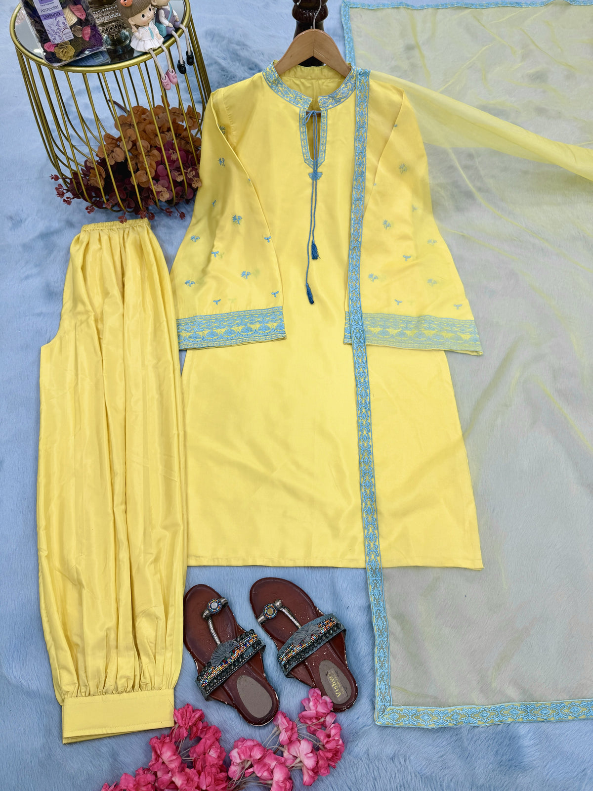 Yellow Crepe Kurta Set with Balloon Pants, view 5