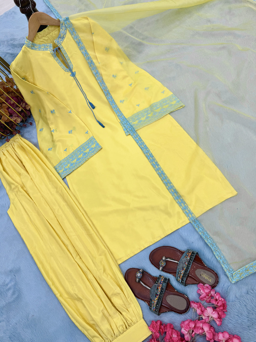 Yellow Crepe Kurta Set with Balloon Pants, view 6