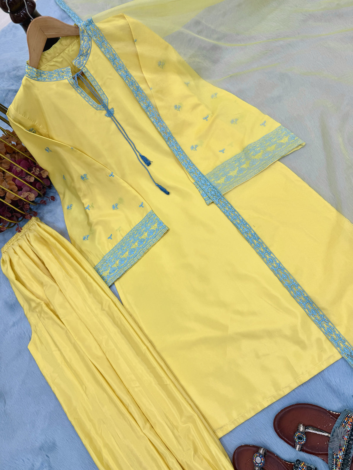 Yellow Crepe Kurta Set with Balloon Pants, view 7