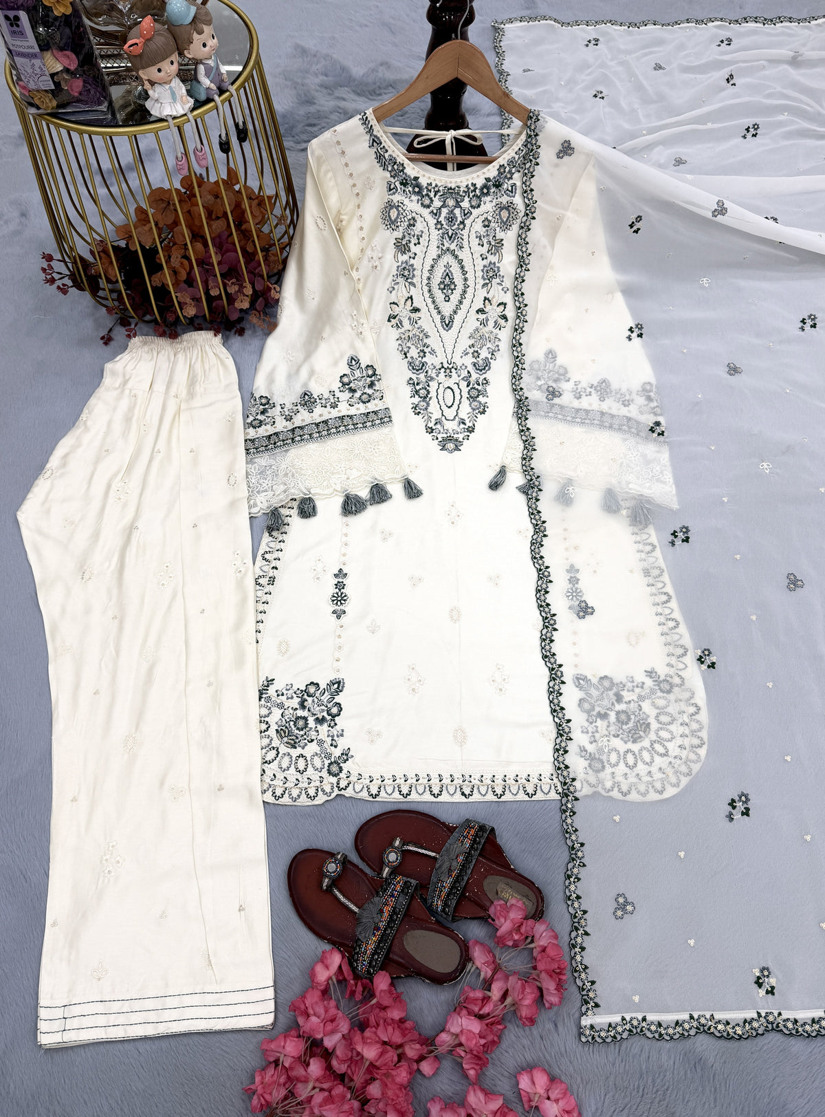 White Satin Kurta Pajama Farshi Set, view 5