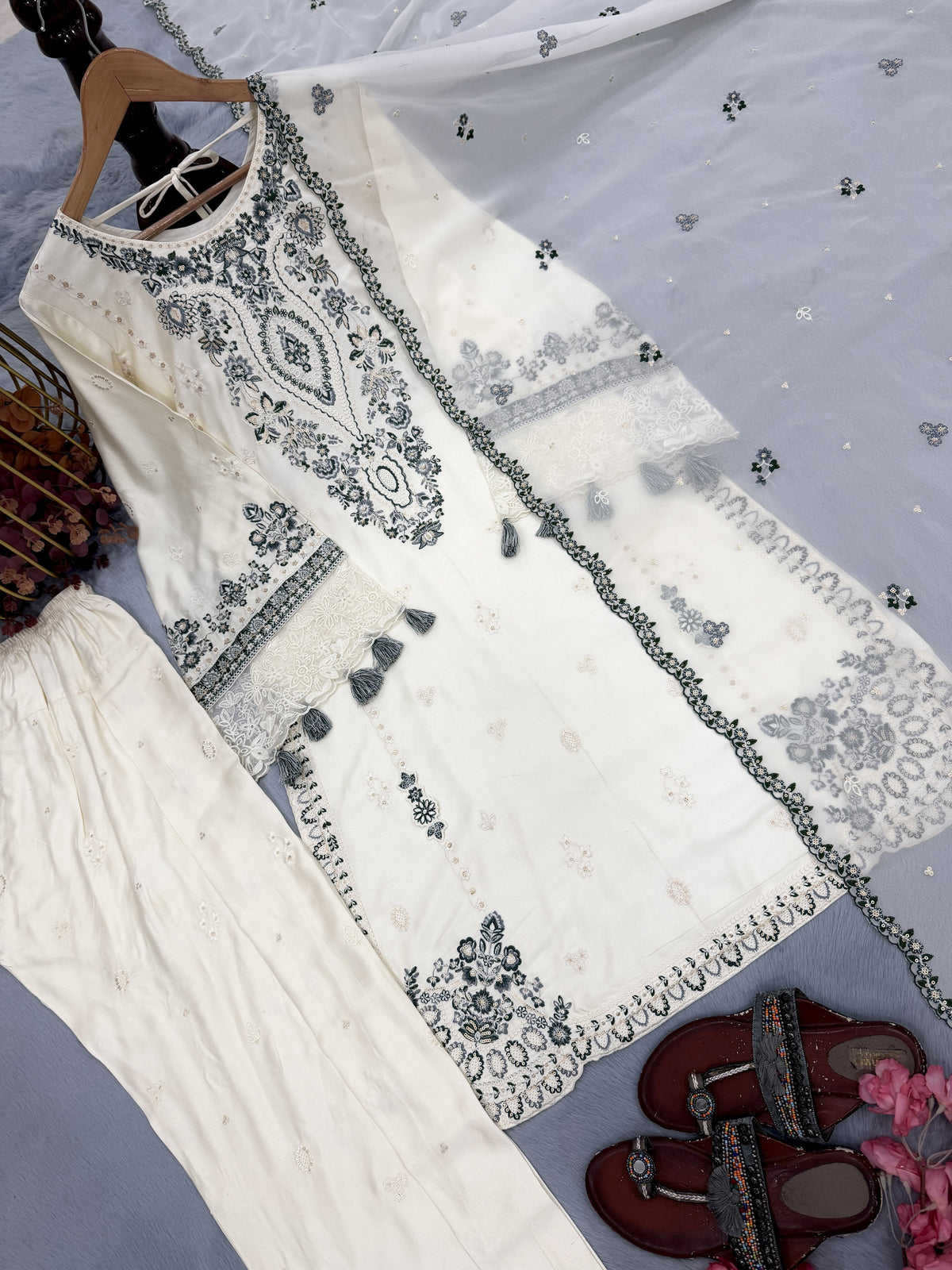 White Satin Kurta Pajama Farshi Set, view 6
