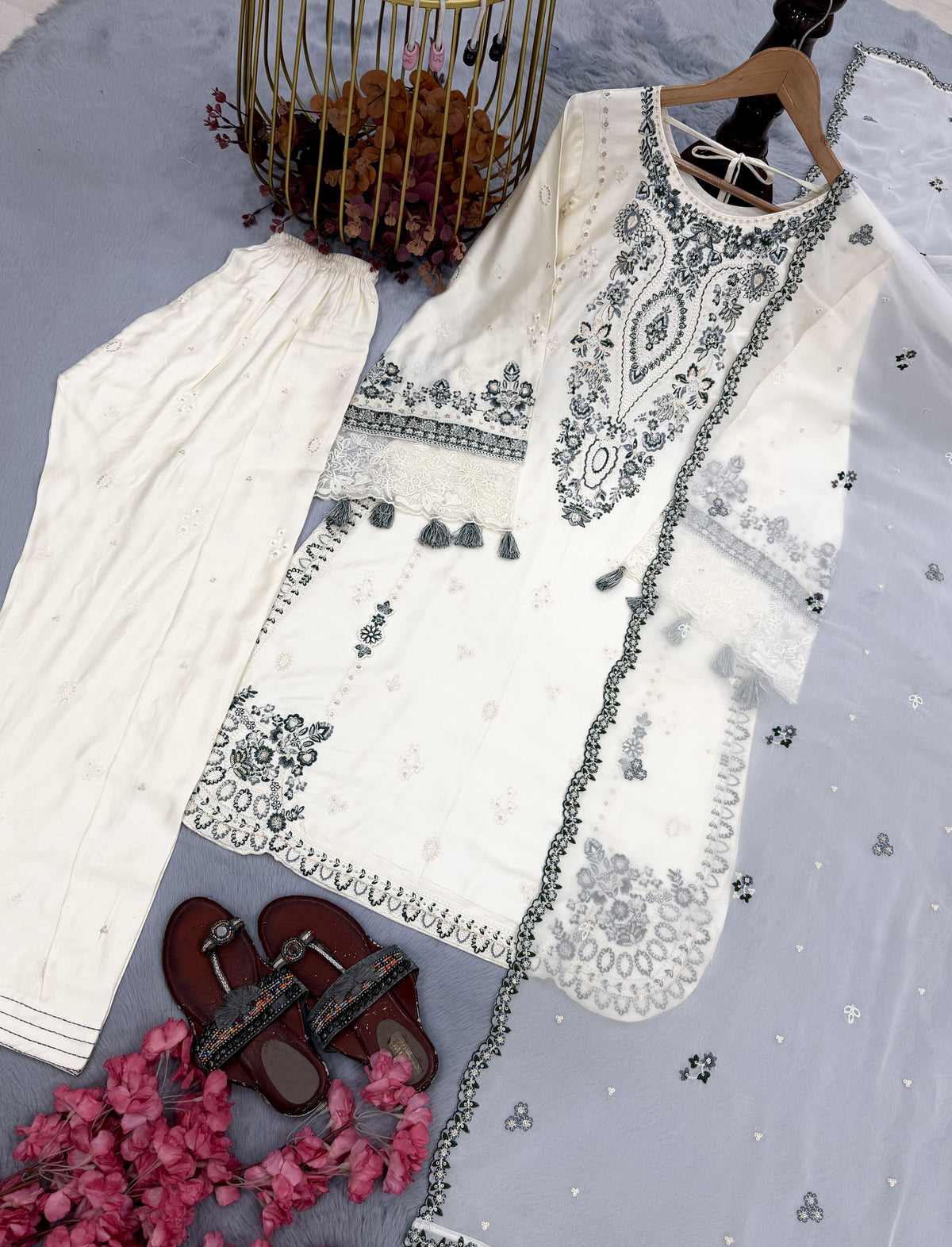 White Satin Kurta Pajama Farshi Set, view 7