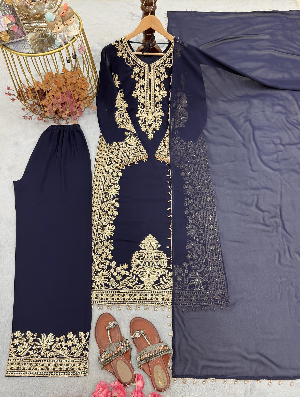 Navy Blue Georgette Long Kurta Palazzo Set, view 5