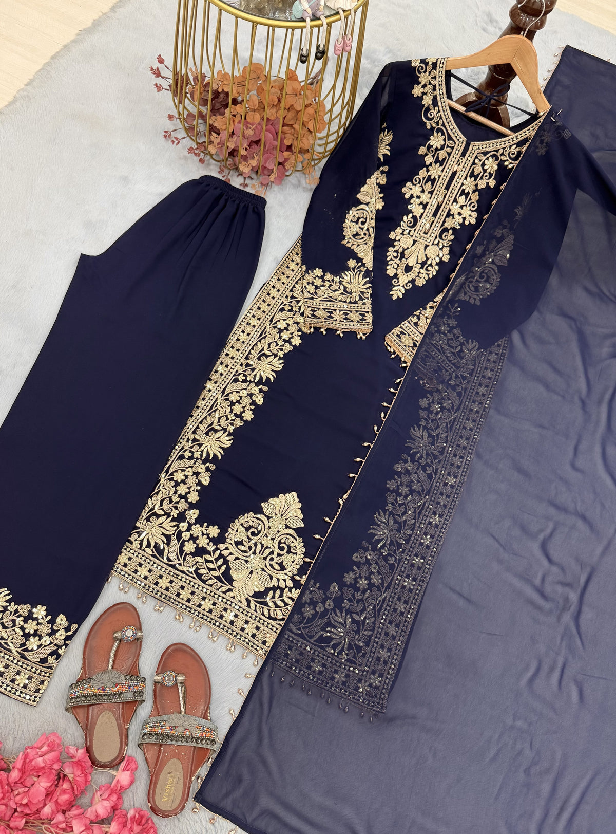 Navy Blue Georgette Long Kurta Palazzo Set, view 6