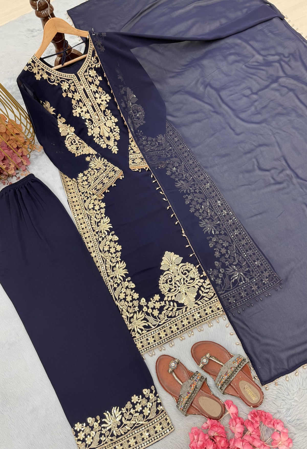 Navy Blue Georgette Long Kurta Palazzo Set, view 7