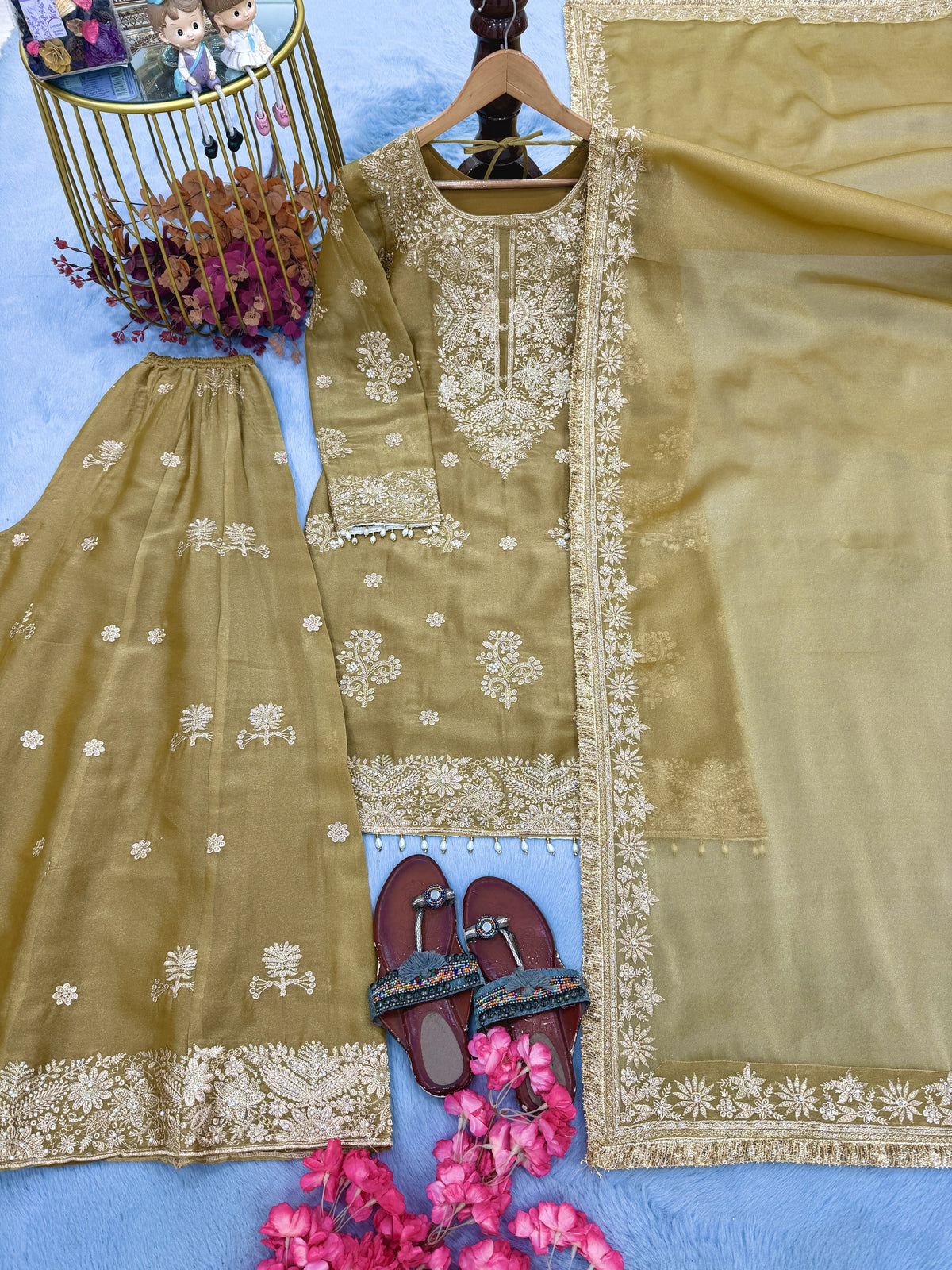 Golden Beige Moss Silk Kurta Palazzo Set, view 4