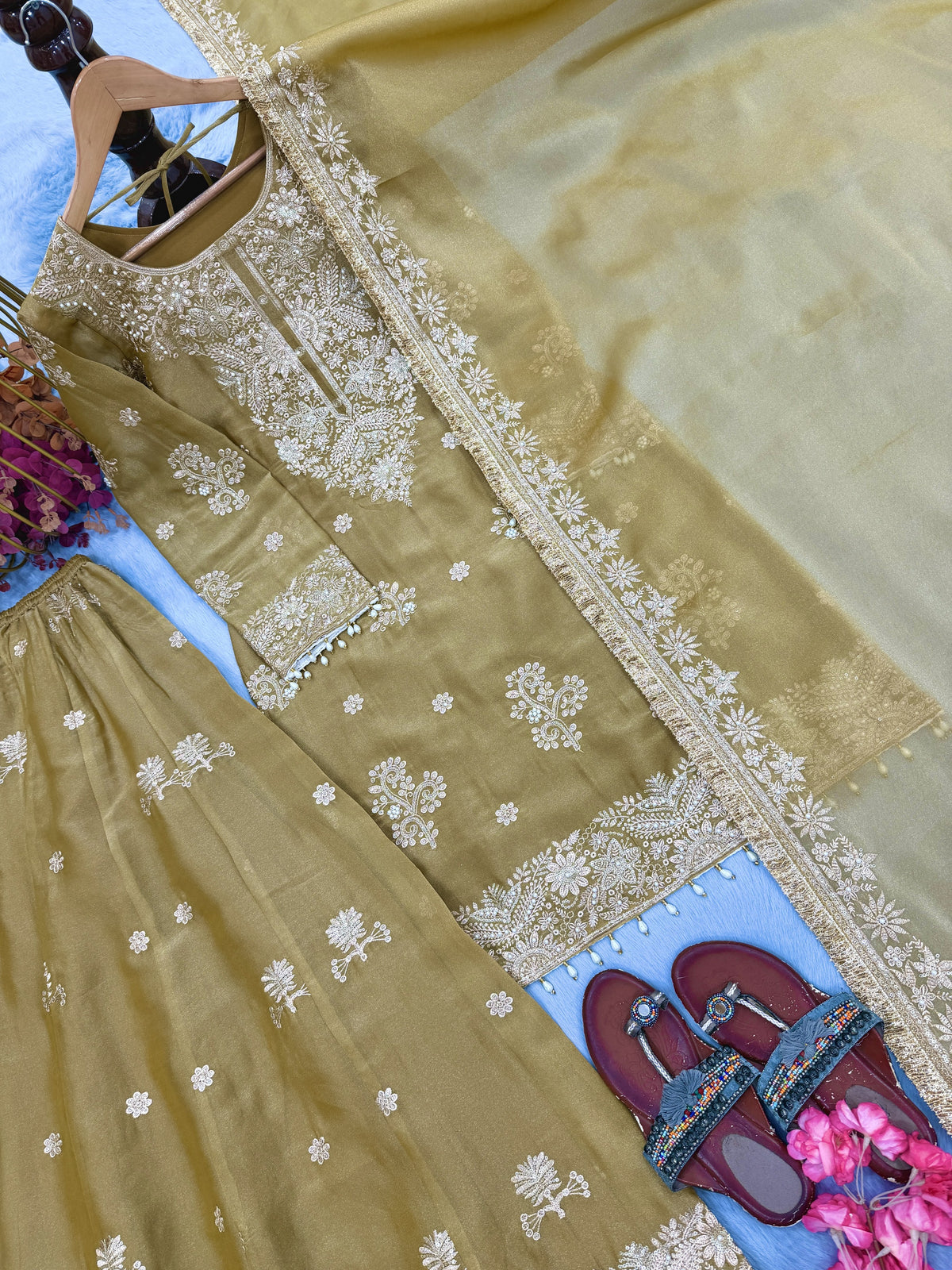 Golden Beige Moss Silk Kurta Palazzo Set, view 5