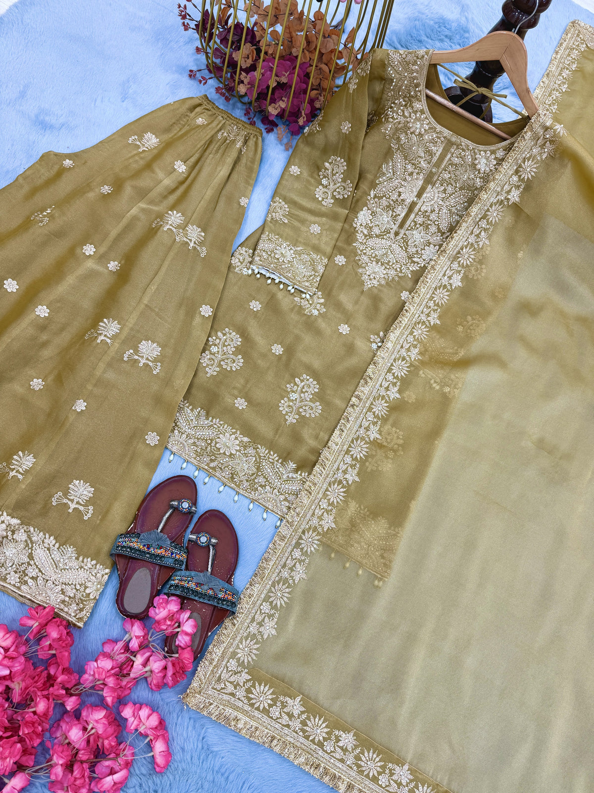 Golden Beige Moss Silk Kurta Palazzo Set, view 6