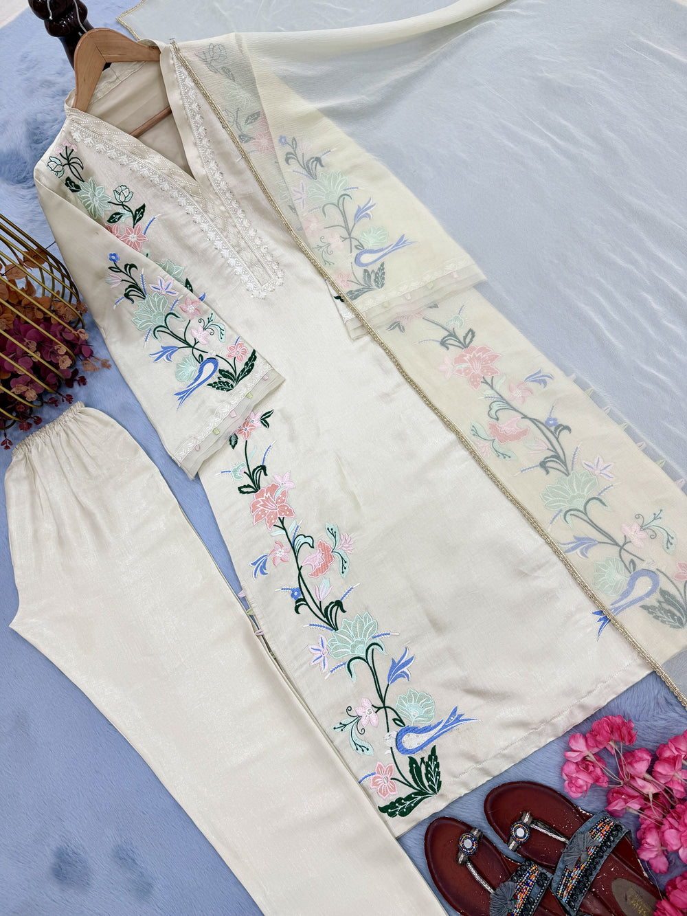 Ivory Roman Silk Kaftan Kurta Set, view 7