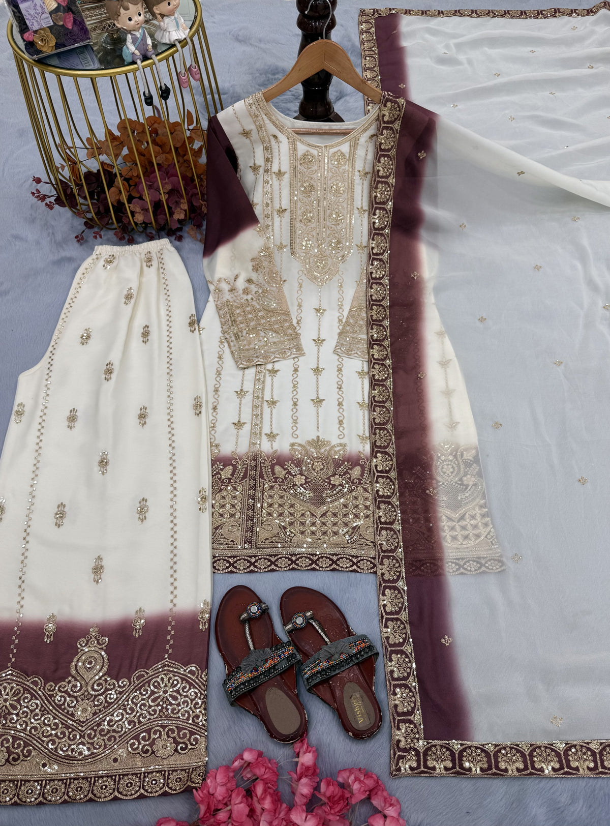 Off-White and Maroon Georgette Kurta Palazzo Set, view 4