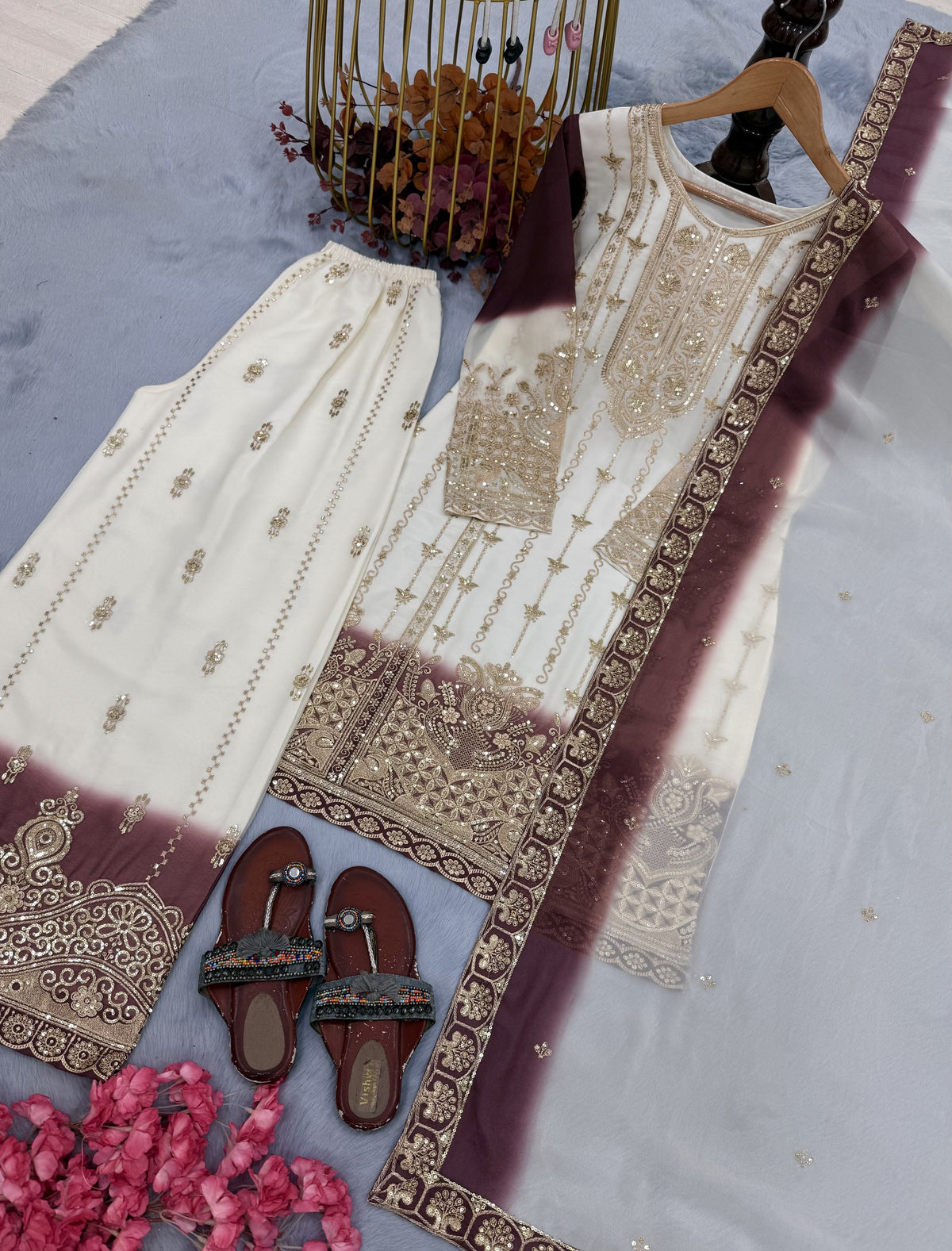 Off-White and Maroon Georgette Kurta Palazzo Set, view 5