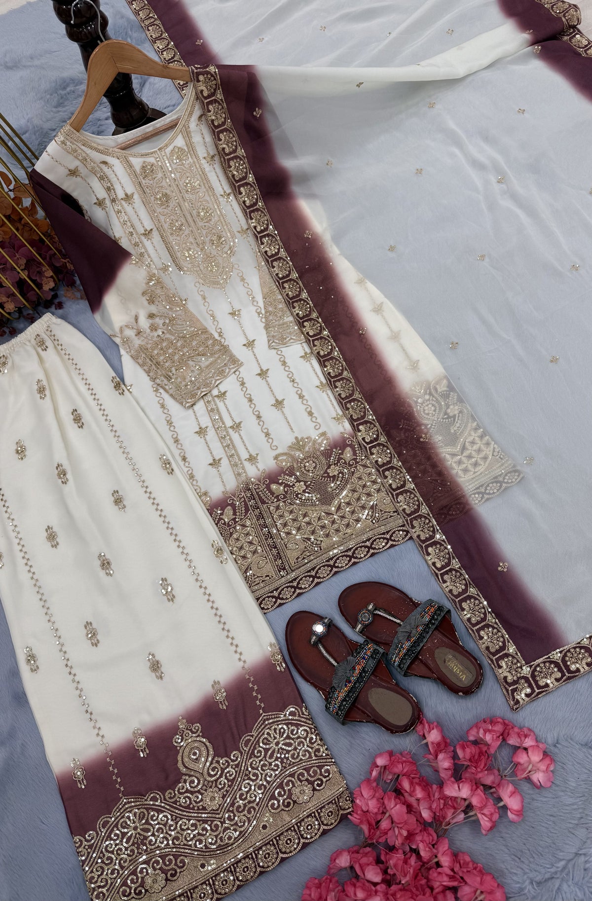 Off-White and Maroon Georgette Kurta Palazzo Set, view 6