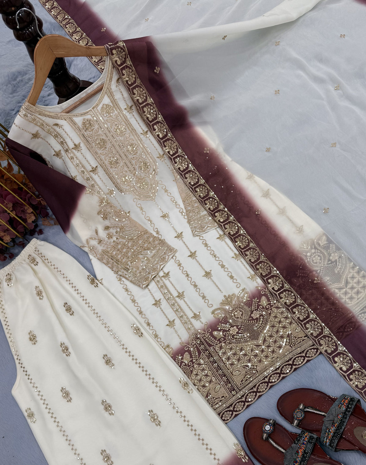 Off-White and Maroon Georgette Kurta Palazzo Set, view 7