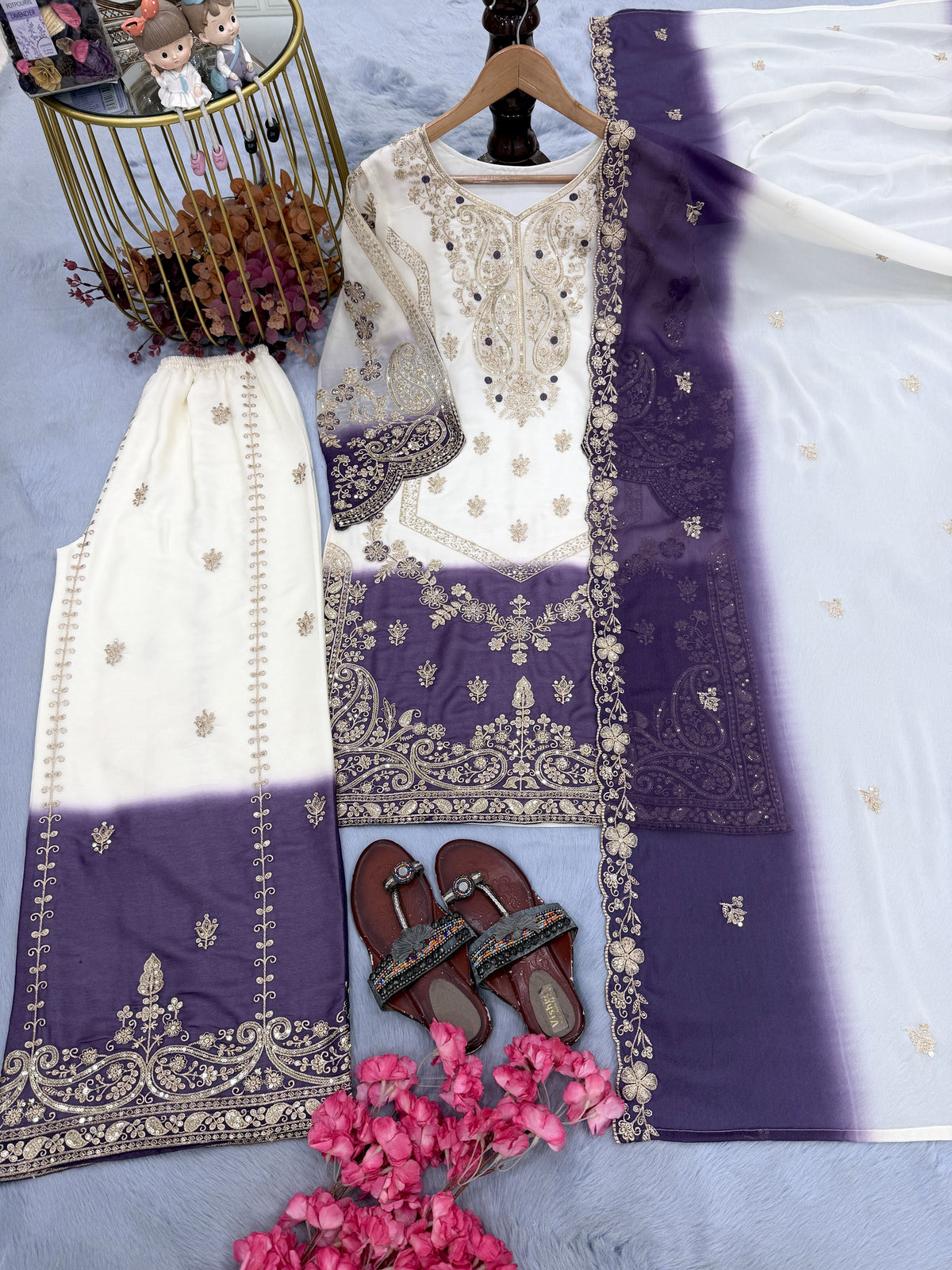 Off-White and Purple Georgette Kurta Palazzo Set with Cutwork, view 5