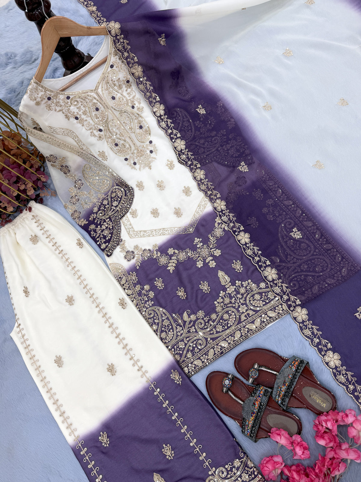 Off-White and Purple Georgette Kurta Palazzo Set with Cutwork, view 6
