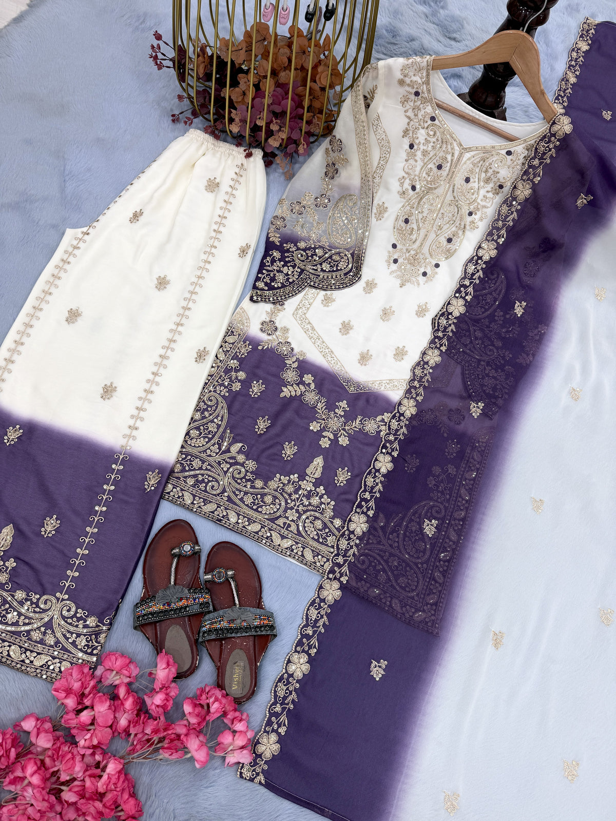 Off-White and Purple Georgette Kurta Palazzo Set with Cutwork, view 7