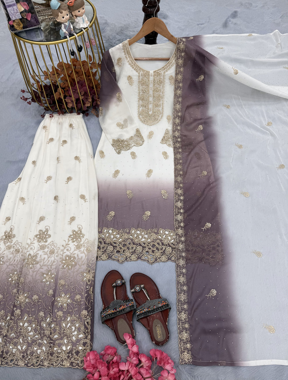 Off-White and Grey Stone Work Georgette Kurta Set, view 3