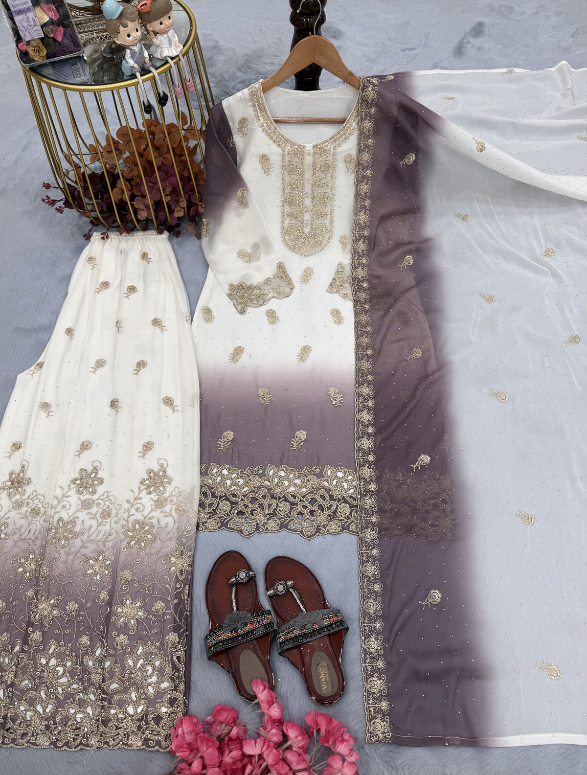 Off-White and Grey Stone Work Georgette Kurta Set, view 3