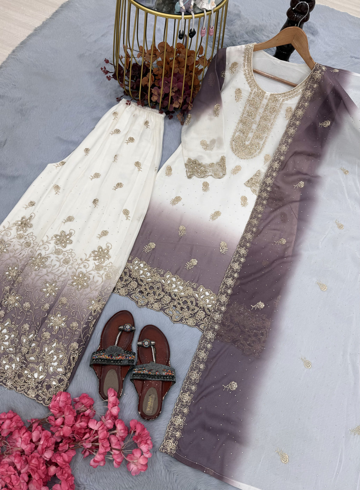 Off-White and Grey Stone Work Georgette Kurta Set, view 4