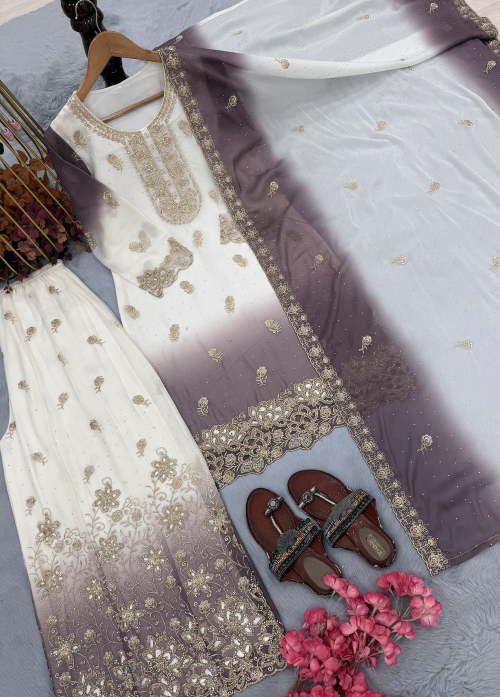 Off-White and Grey Stone Work Georgette Kurta Set, view 5