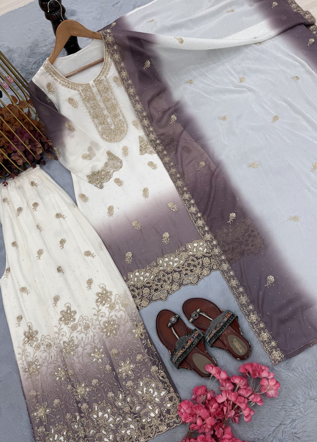 Off-White and Grey Stone Work Georgette Kurta Set, view 5