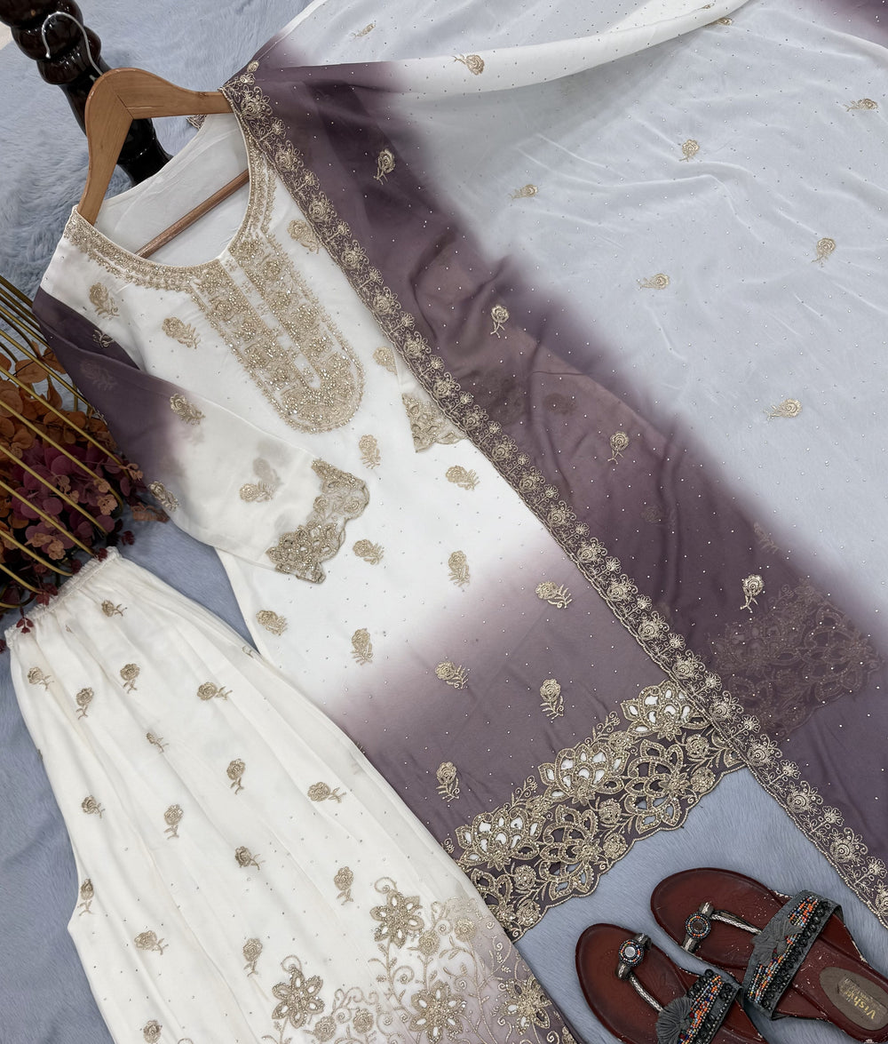 Off-White and Grey Stone Work Georgette Kurta Set, view 6