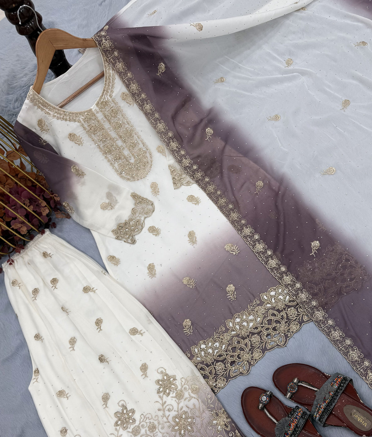 Off-White and Grey Stone Work Georgette Kurta Set, view 6