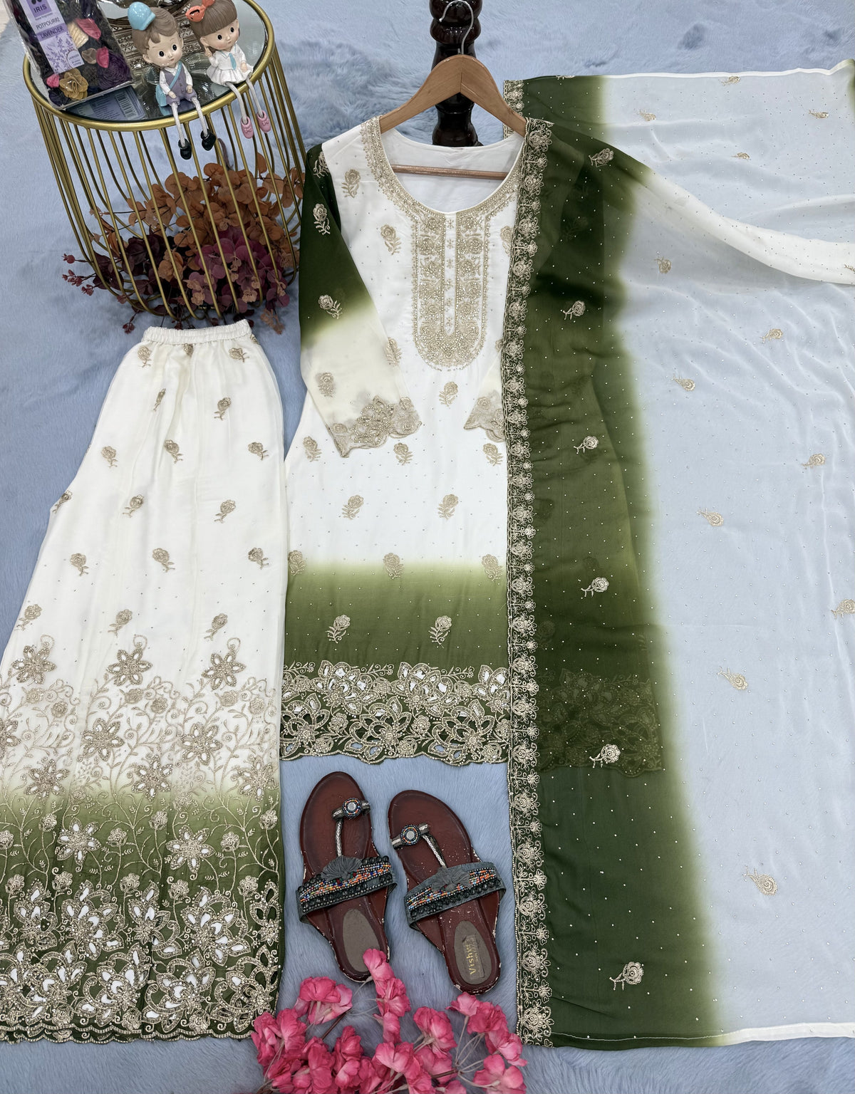 Off-White and Olive Green Stone Work Georgette Kurta Set, view 3