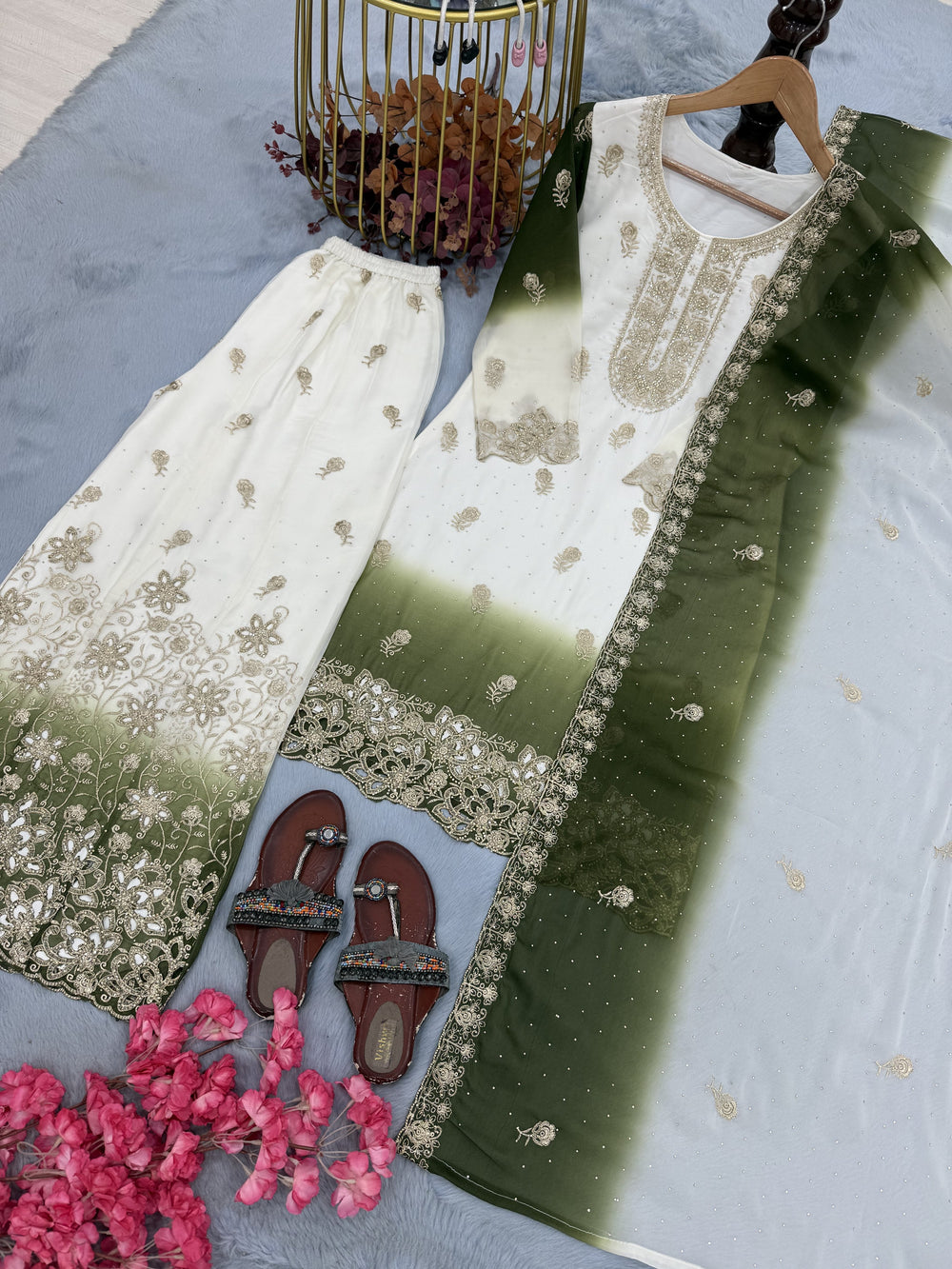 Off-White and Olive Green Stone Work Georgette Kurta Set, view 4
